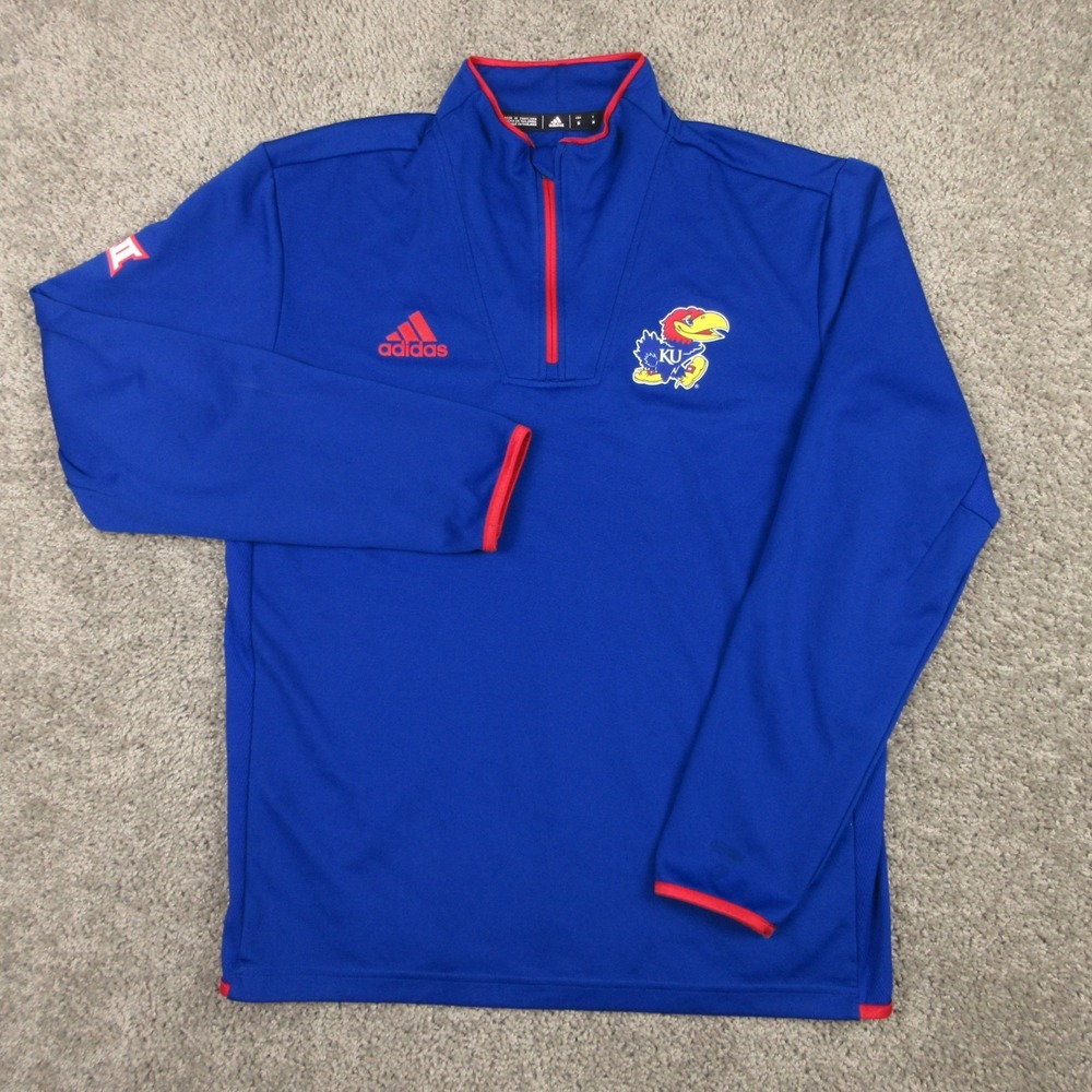 Kansas Jayhawks Sweater Mens Medium Blue Adidas 1/4 Zip pullover Basketball Logo